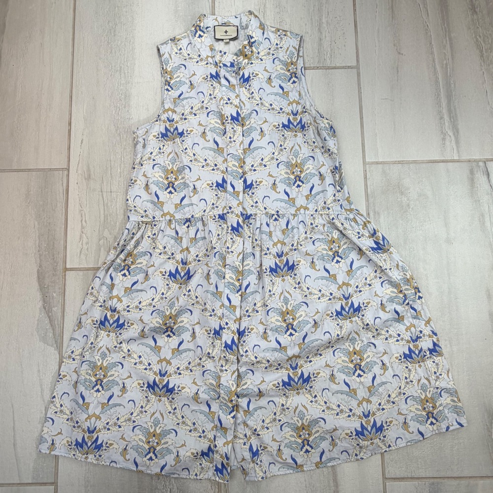 Tuckernuck Blue Gold Floral Damask Sleeveless Drop Waist Shirt Dress S